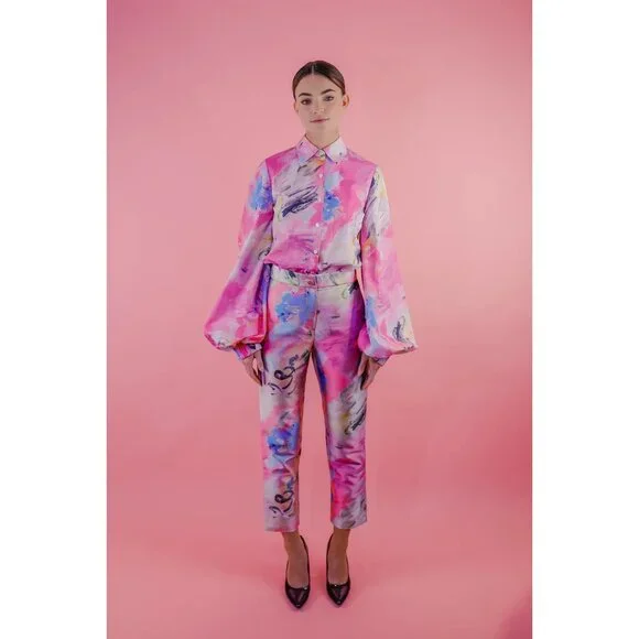 Neubyrne painterly abstract pink print Patricia pants - Picture 1 of 7